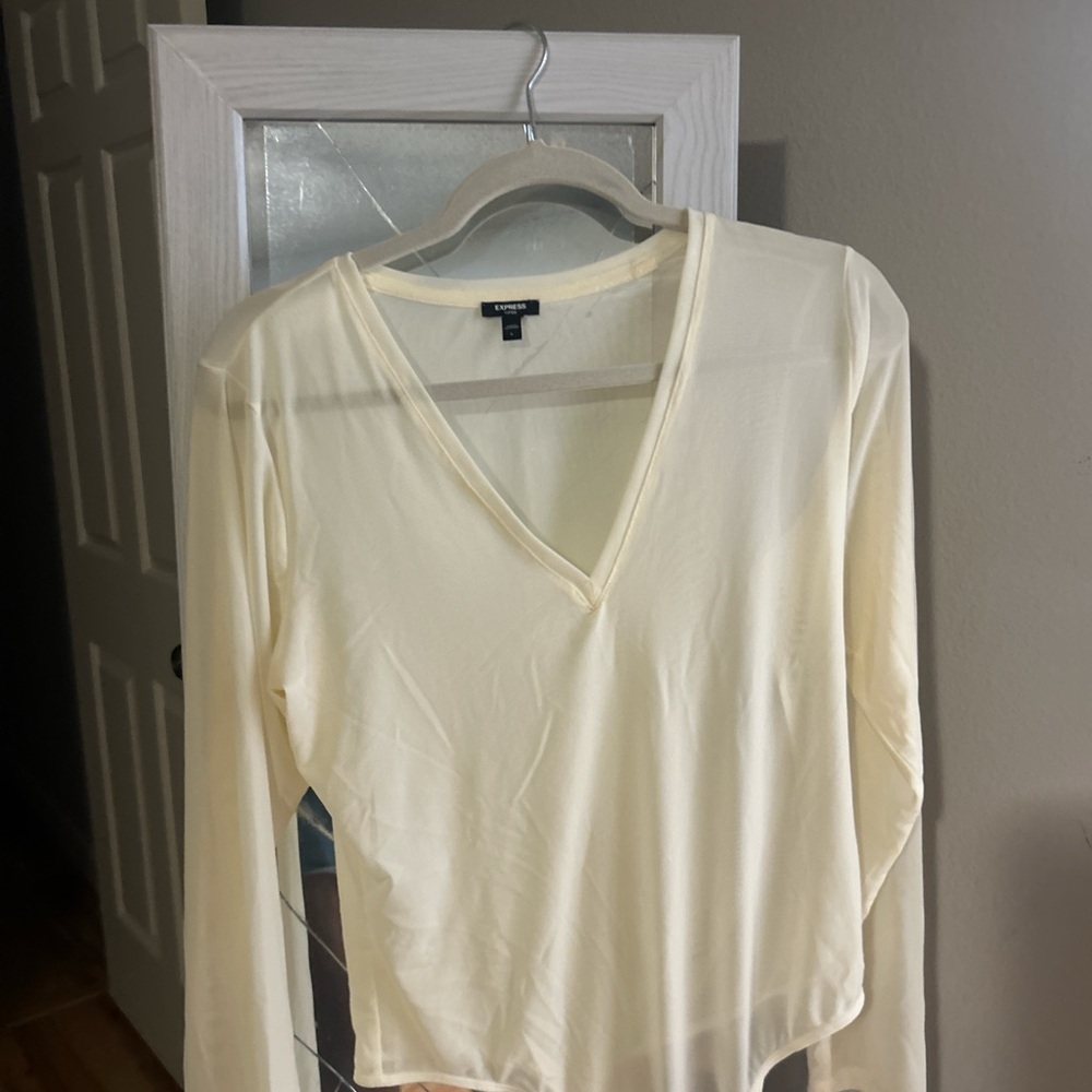 Express Cream V-Neck Sheer Bodysuit